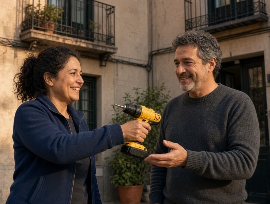 Dos vecinos intercambiando una herramienta
