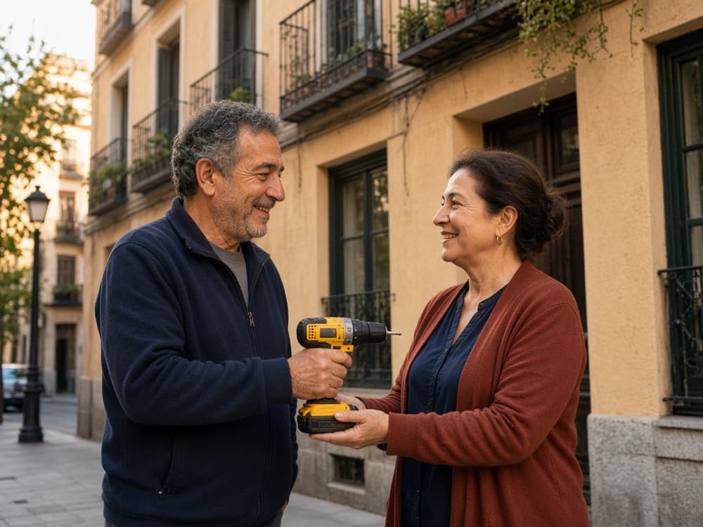 Dos vecinos intercambiando una herramienta en Madrid